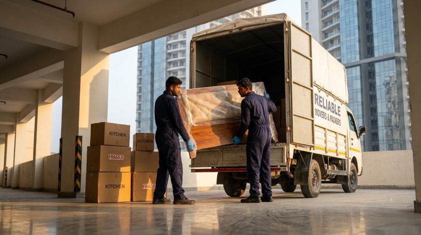 Packers and movers wrapping furniture and loading boxes into a truck for a Noida to Agra house shifting move
