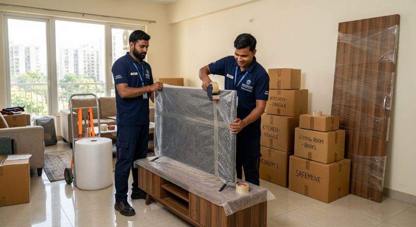 Verified packers and movers carefully packing and loading household furniture and appliances for Noida to Ahmedabad relocation