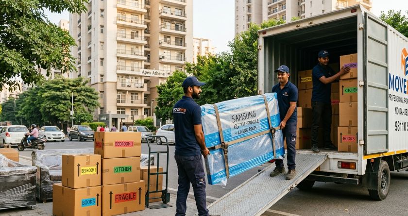 Professional packers and movers in branded uniforms loading wrapped furniture and labeled cartons onto a large truck outside a residential apartment in Noida for long-distance shifting to Bangalore