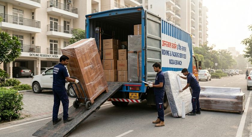 Experienced movers carefully wrapping and loading household furniture and appliances onto a long-haul truck for Noida to Chennai relocation