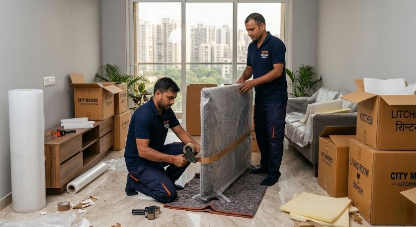 Professional packers and movers carefully packing household goods and furniture for Noida to Delhi house shifting