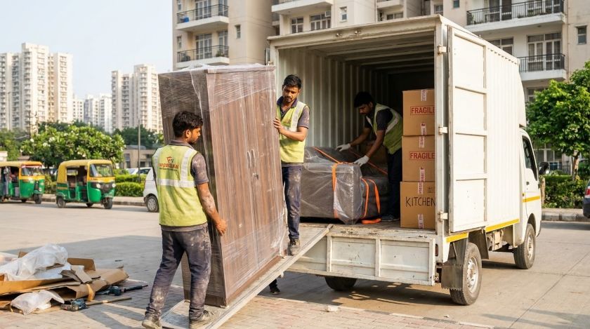 Professional packers and movers loading boxes and furniture into a mini truck for Noida to Ghaziabad house shifting