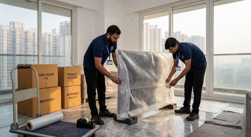 Professional packers and movers carefully wrapping furniture and electronics for Noida to Gurgaon house shifting in a modern apartment