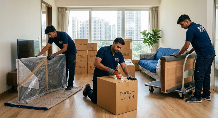 Trained relocation crew wrapping and packing household furniture and appliances for a long-distance Noida to Hyderabad home shifting move
