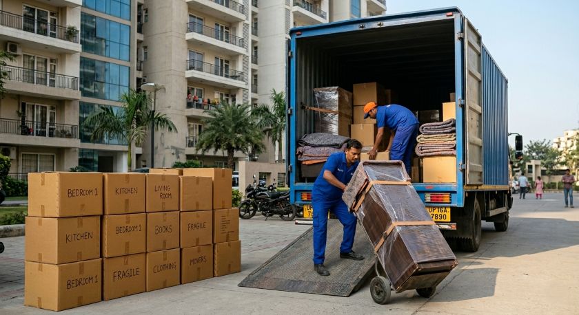 Professional packers and movers carefully packing and loading household furniture and boxes for Noida to Kolkata house shifting