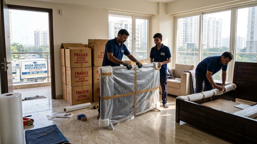 Skilled movers and packers carefully wrapping household goods including appliances and furniture for Noida to Mumbai house shifting