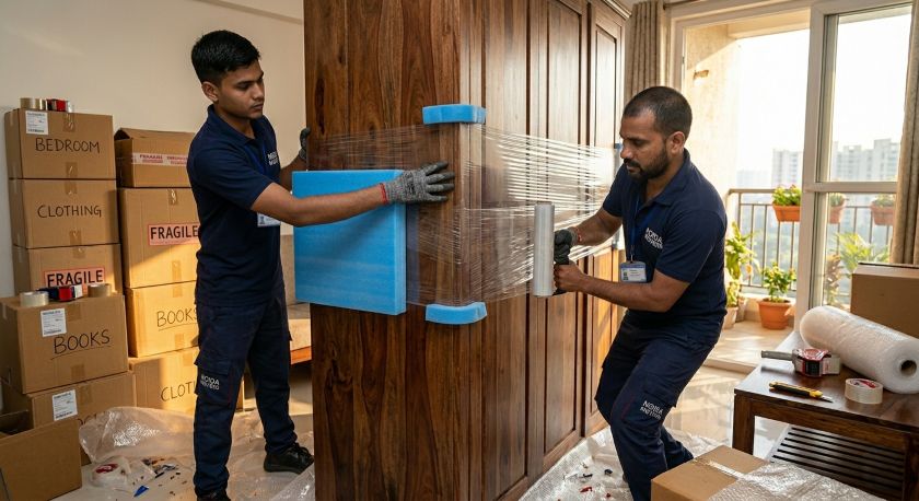 Professional packing crew carefully wrapping furniture and labelling boxes at a Noida apartment for a long-distance move to Pune