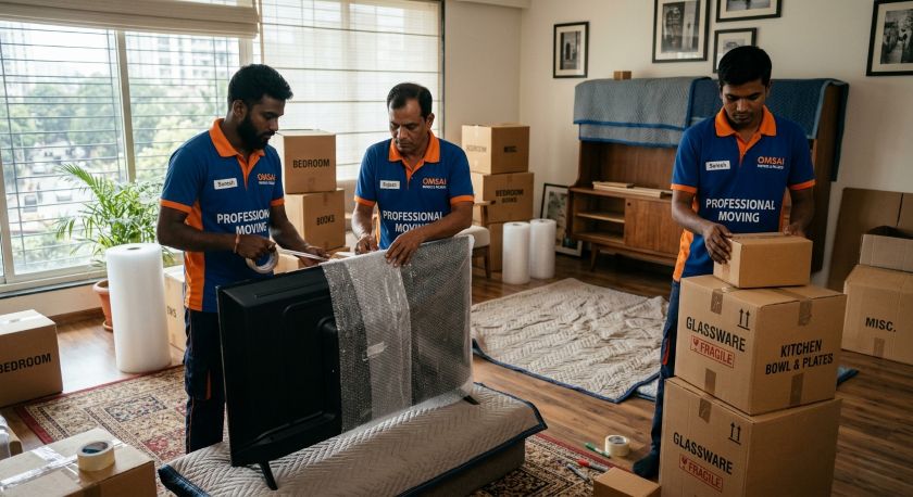 Professional packers and movers carefully wrapping furniture and electronics for Noida to Vadodara house shifting