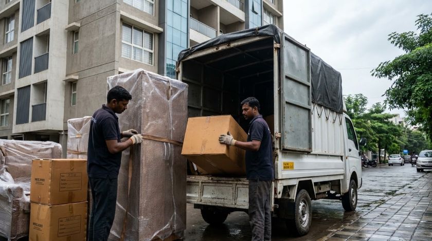 Packers and movers securing and loading household goods into a covered truck for Pune to Agra relocation