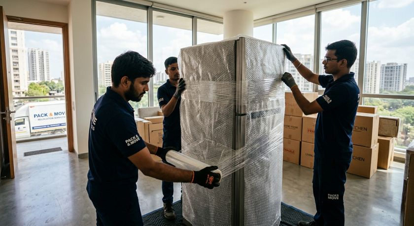 Professional movers carefully wrapping and packing household furniture and appliances for Pune to Ahmedabad house shifting