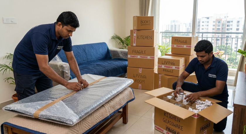 Professional packers and movers carefully packing household items including TV and glassware for Pune to Bangalore house shifting