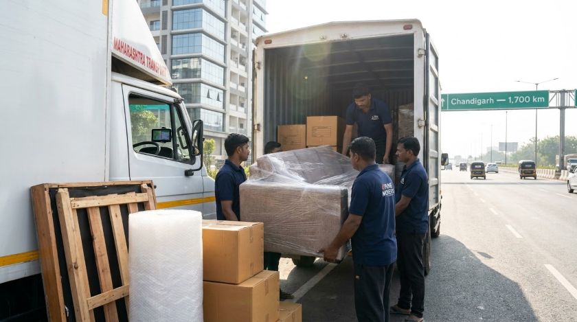 Professional packers and movers loading wrapped furniture and labeled boxes into a covered truck outside a Pune apartment for Chandigarh shifting
