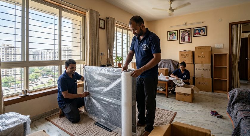 Professional packers and movers carefully packing household goods and furniture for Pune to Chennai house shifting