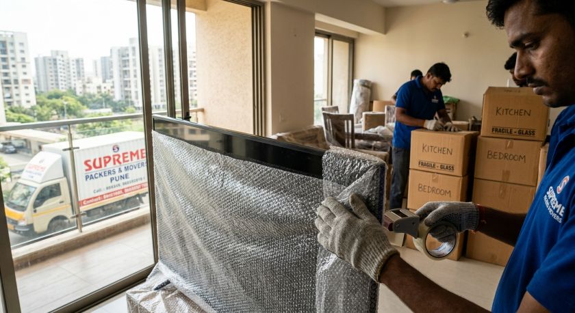 Professional packers carefully wrapping household appliances and furniture with bubble wrap and corrugated sheets for Pune to Gurgaon long-distance home shifting