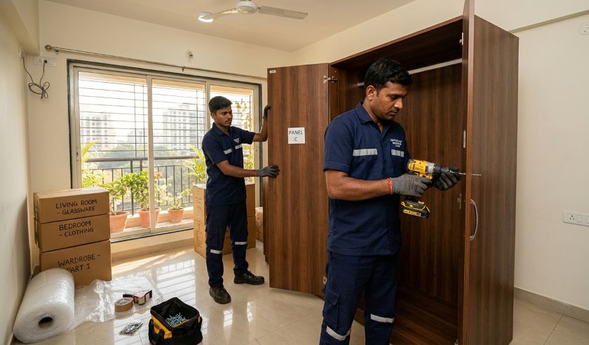 Trained movers wrapping and packing household goods including furniture and appliances for a Pune to Hyderabad home shifting job