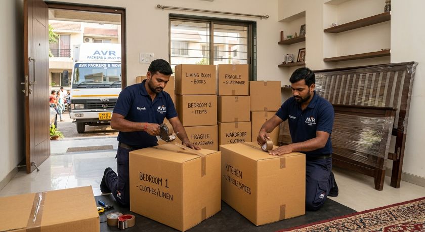 Professional packers in Pune carefully packing and wrapping household furniture and cartons for a long-distance move to Kolkata