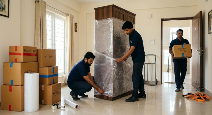 Trained packers carefully wrapping and boxing household furniture and appliances for Pune to Vadodara house shifting