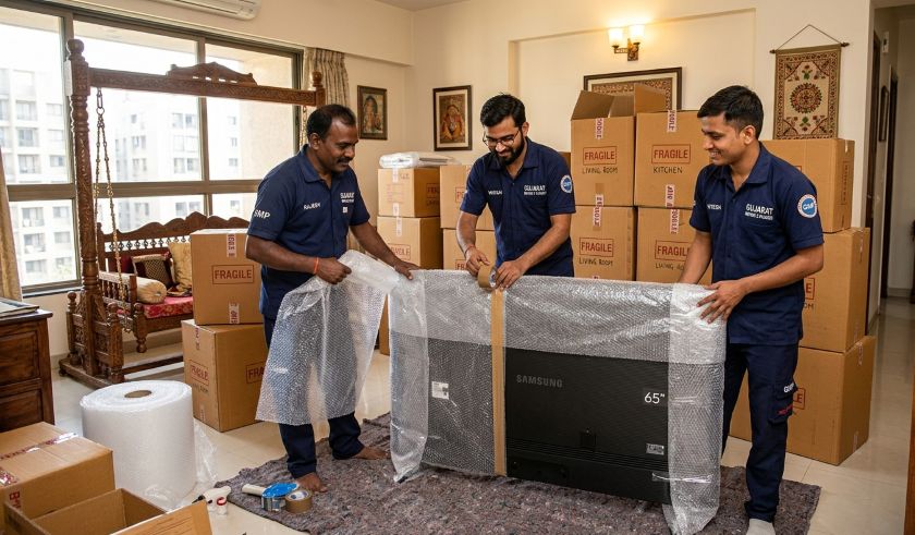 Professional relocation crew wrapping household appliances and labelling boxes for Vadodara to Bangalore long-distance shifting