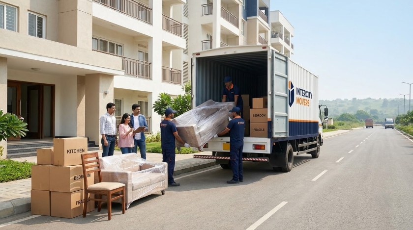 Professional packers and movers loading wrapped furniture and labeled boxes into a covered truck for Vadodara to Bhopal shifting