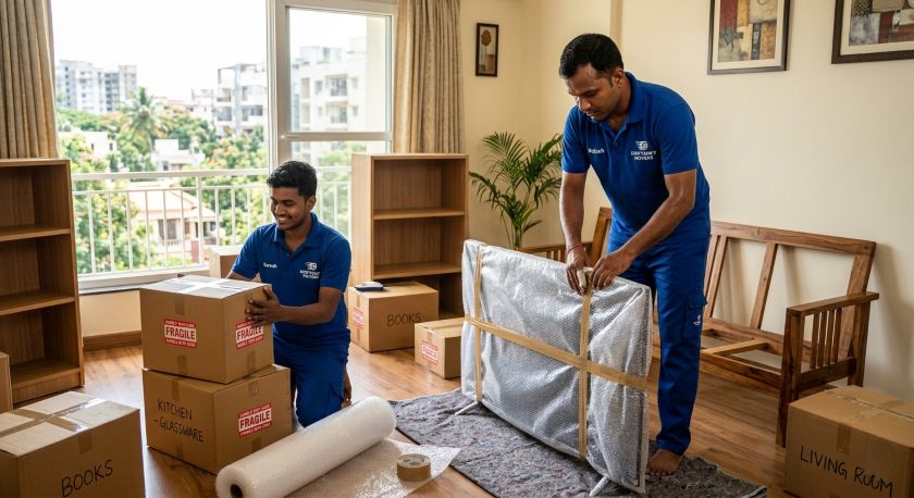 Trained moving staff wrapping furniture and electronics for a Vadodara to Chennai household relocation