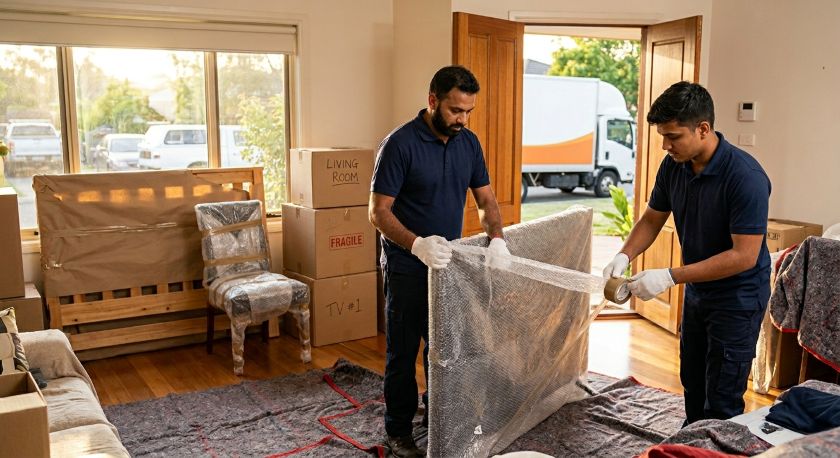 Professional movers from Vadodara carefully wrapping and loading household furniture and appliances into a transport truck for Delhi relocation