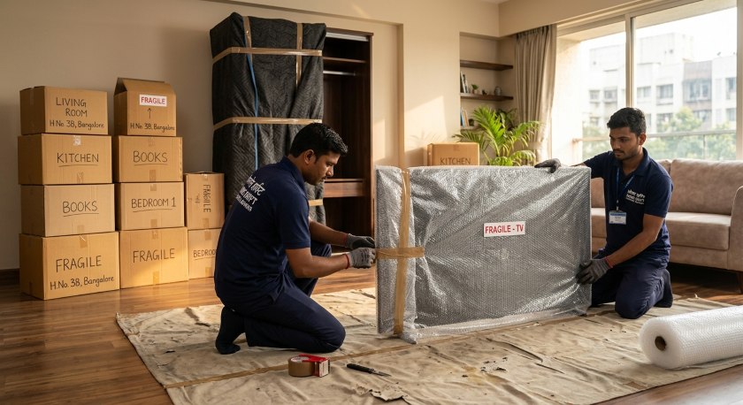 Professional movers carefully wrapping and packing furniture and appliances for a Vadodara to Gurgaon home relocation