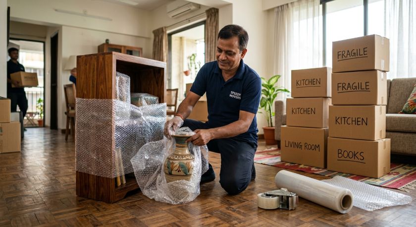 Packers carefully labeling and stacking cardboard boxes and furniture for Vadodara to Hyderabad household relocation