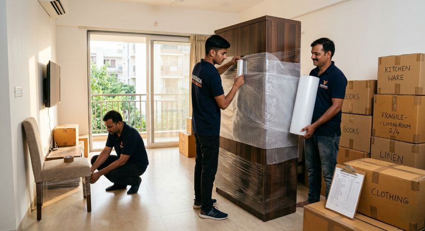 Professional packers carefully wrapping and boxing household furniture and appliances for Vadodara to Kolkata long-distance house shifting