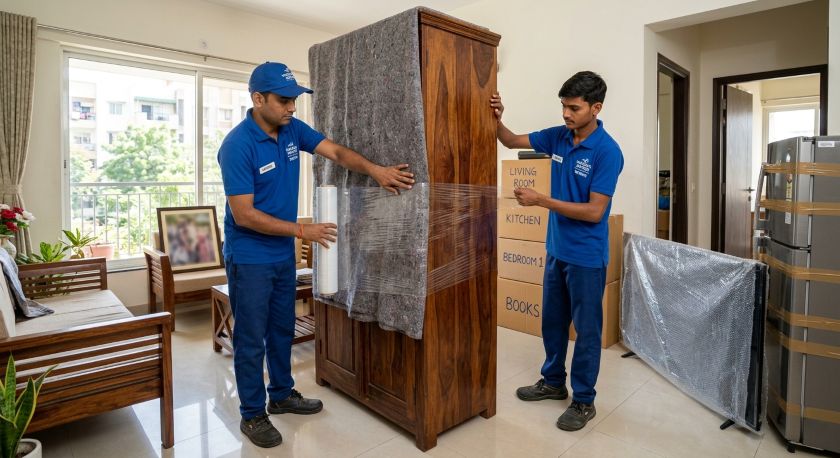 Professional packers in Vadodara carefully wrapping household furniture and appliances with bubble wrap for safe shifting to Mumbai