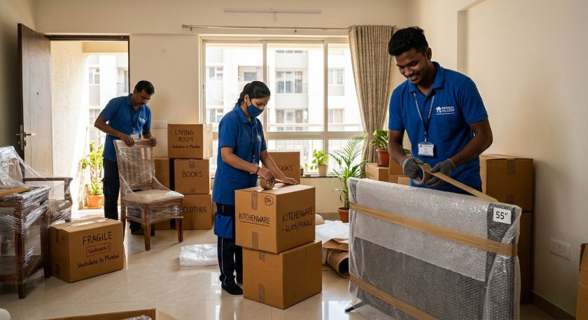 Professional packers and movers carefully packing household furniture and appliances in a Vadodara home for long-distance shifting to Noida