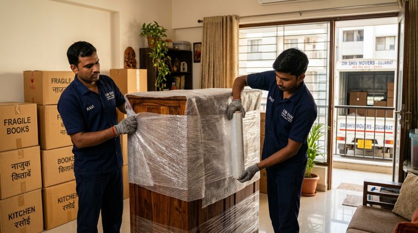 Professional movers carefully wrapping and packing household furniture and appliances for Vadodara to Pune house shifting