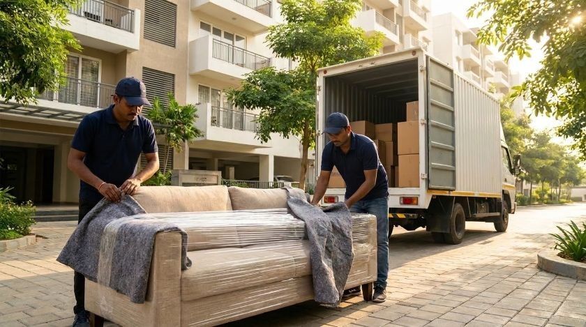 Packers and movers wrapping furniture and loading sealed boxes into a long-haul truck for Bangalore to Chandigarh house shifting