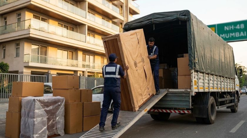Packers and movers loading a covered truck with wrapped furniture and boxes for Hyderabad to Visakhapatnam relocation