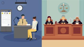Illustration of Lady at Police Station and Judges in a Court