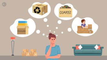Lady thinking of ideas to do with carton boxes